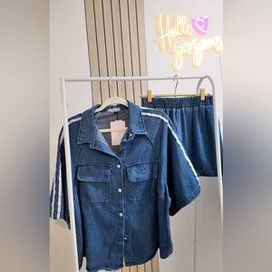 Blue Denim Button-Up Shirt and Shorts Set